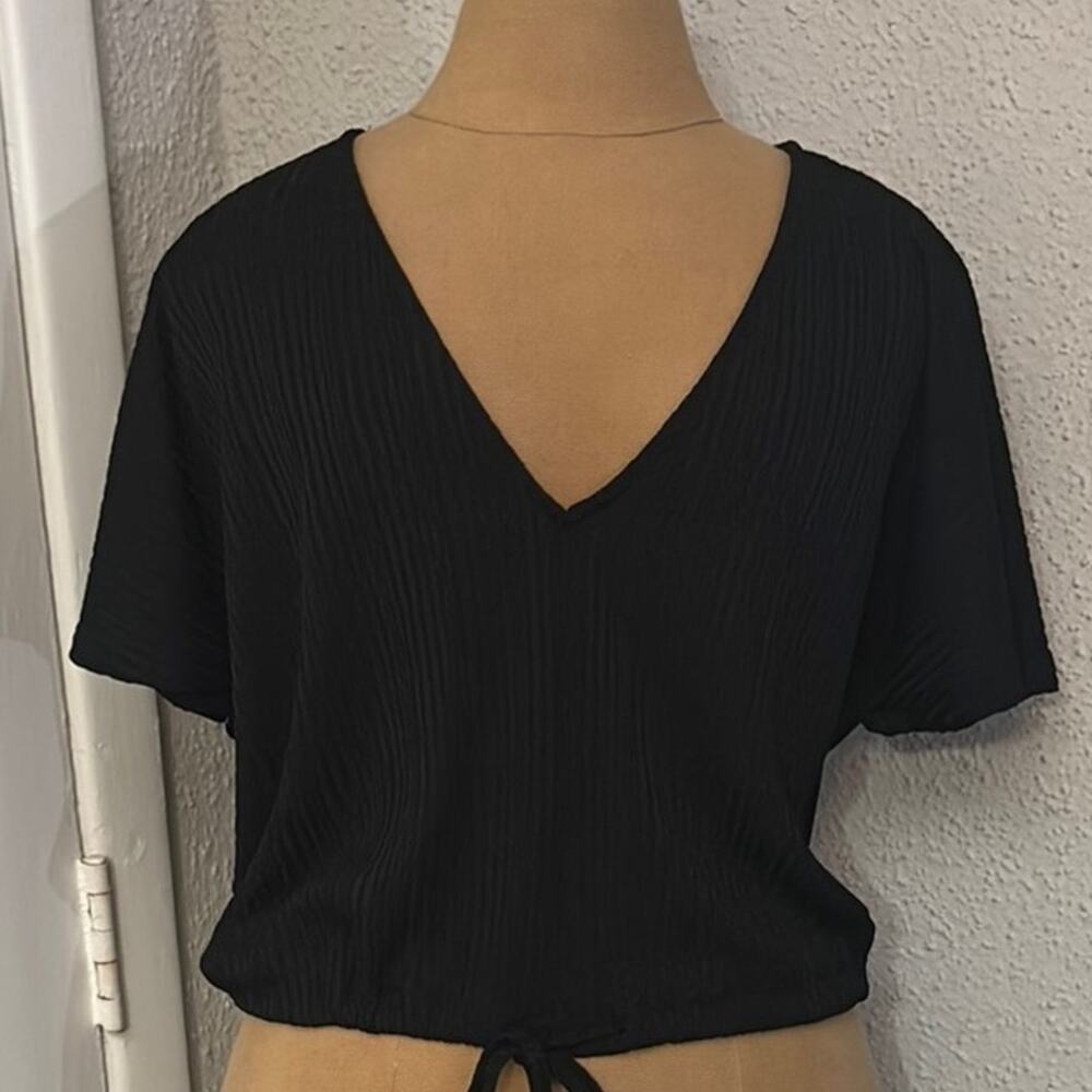 Zara TRF Ribbed Knit V-Neck Tie Front Black Blouse S Casual Minimalist Boho Goth